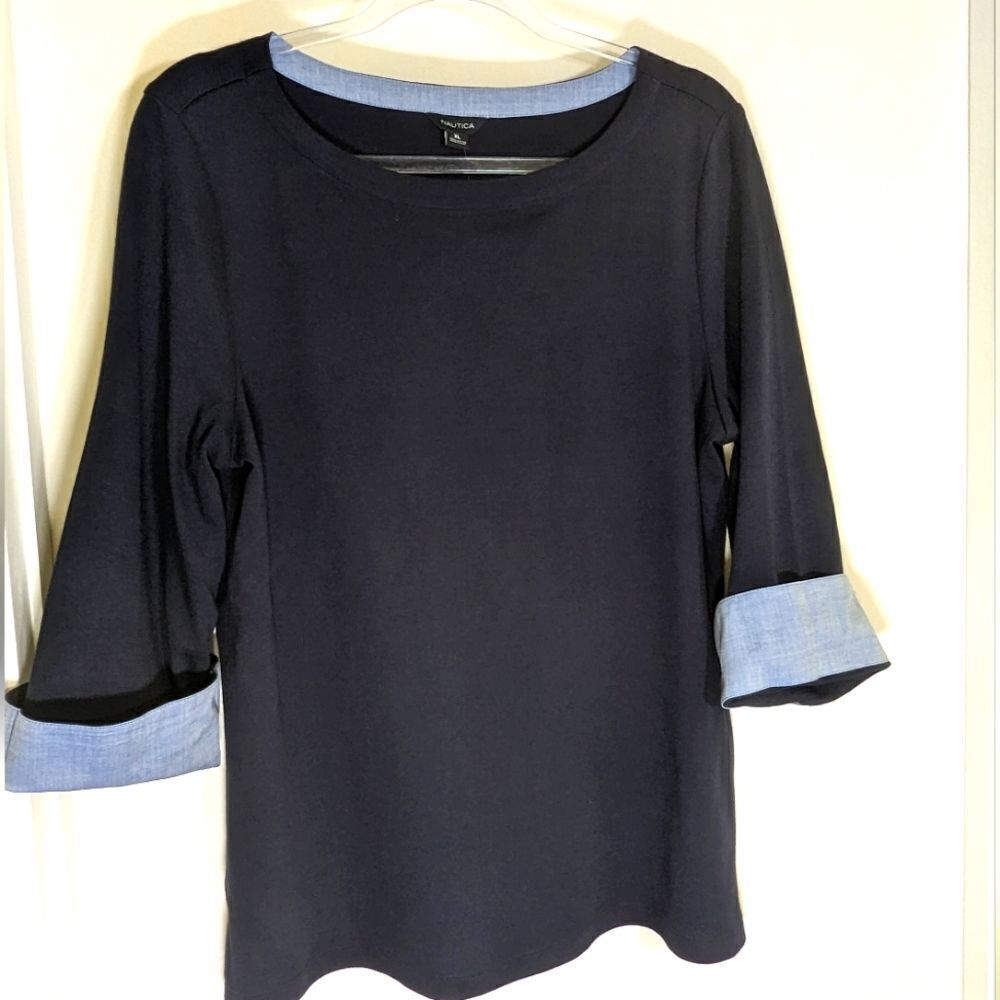 Nautica Chambray-Cuff Top Knit Boat Neck Relaxed Fit 3/4 Sleeves XL Navy NWT